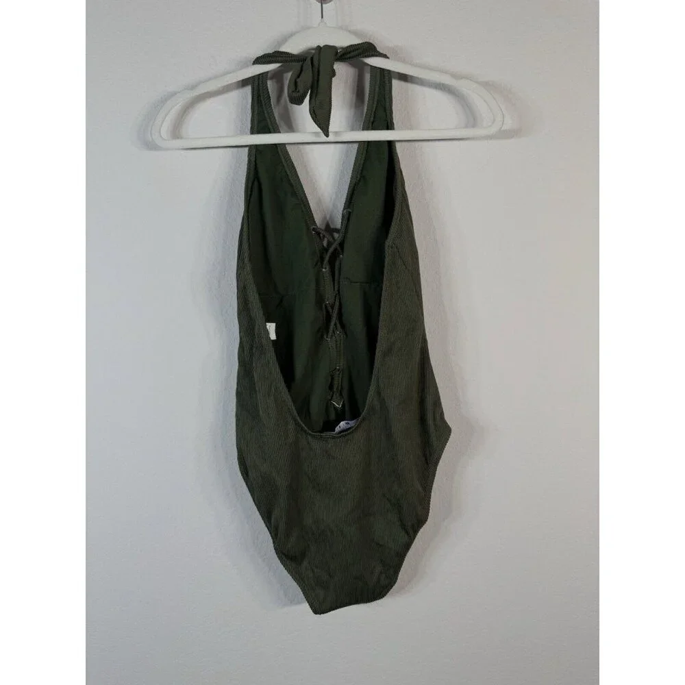 Miss Lola Women’s Olive Green Lace up Halter One Piece Swimsuit Size Large Beach